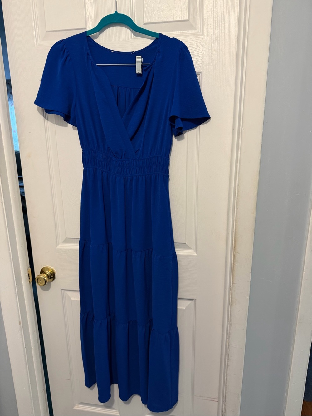 Royal Blue Wrap Front Tiered Maxi Dress Short Sleeve